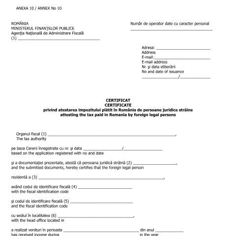 Document preview: Certificat privind atestarea impozitului plătit în România de persoane juridice străine (OMFP 583/2016) — Documente emise, România (CERFA n°A10_OMFP_583_2016)