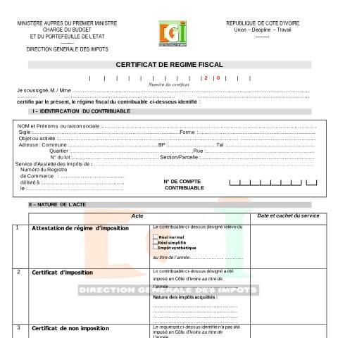 Aperçu du document CERTIFICAT DE REGIME FISCAL — Guide de procédure, Côte d'Ivoire