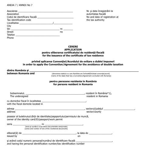 Document preview: Cerere pentru eliberarea certificatului de rezidență fiscală pentru persoane rezidente în România (OMFP 583/2016) — Cereri, România (CERFA n°A7_OMFP_583_2016)