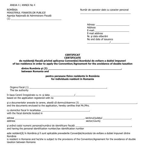 Document preview: Certificat de rezidență fiscală privind aplicarea Convenției/Acordului de evitare a dublei impuneri dintre România și ..., pentru persoane fizice rezidente în România (OMFP 583/2016) — Documente emise, România (CERFA n°A4_OMFP_583_2016)