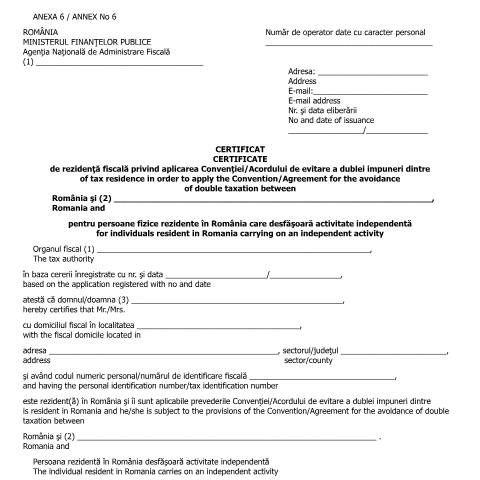 Document preview: Certificat de rezidență fiscală privind aplicarea Convenției/Acordului de evitare a dublei impuneri dintre România și ..., pentru persoane fizice rezidente în România care desfășoară activitate independentă (OMFP 583/2016) — Documente emise, România (CERFA n°A6_OMFP_583_2016)