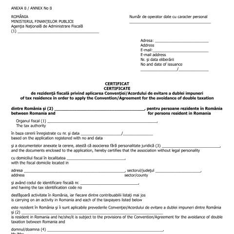 Document preview: Certificat de rezidență fiscală privind aplicarea Convenției/Acordului de evitare a dublei impuneri dintre România și ..., pentru persoane rezidente în România (OMFP 583/2016) — Documente emise, România (CERFA n°A8_OMFP_583_2016)