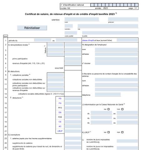 Aperçu du document Le modèle 160 peut servir de spécimen aux employeurs pour délivrer un certificat de salaire, de retenue d'impôt et de crédits d'impôt bonifiés à leur salarié(e). Les employeurs doivent obligatoirement délivrer sur support électronique les ECSP à l’ACD. Pour plus d'informations, voir rubrique « Échan — Formulaires fiscaux, Luxembourg (CERFA n°160 F)