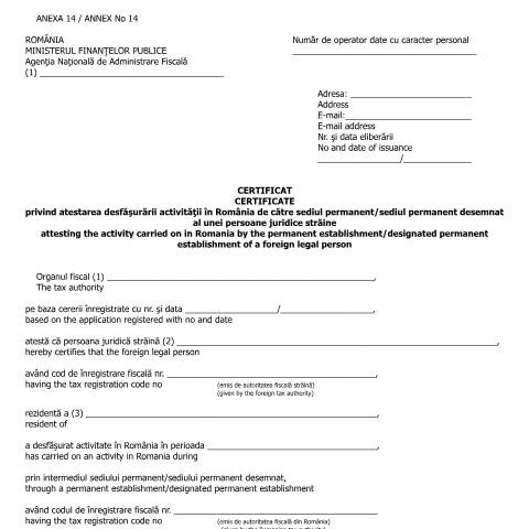 Document preview: Certificat privind atestarea desfășurării activității în România de către sediul permanent/sediul permanent desemnat al unei persoane juridice străine (OMFP 583/2016) — Documente emise, România (CERFA n°A14_OMFP_583_2016)