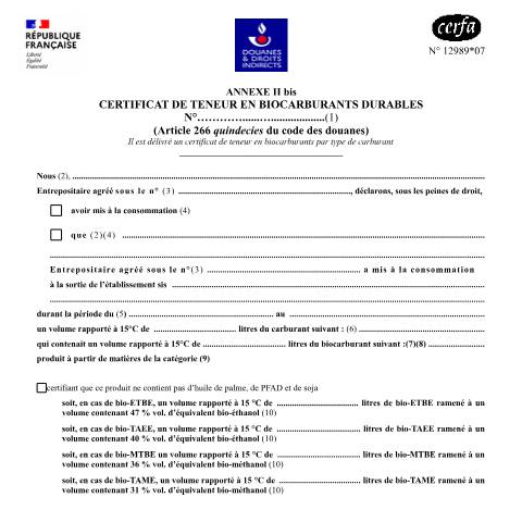 Aperçu du document TIRUERT : Certificat de teneur en biocarburants durables - Annexe II bis — Professionnels, France (CERFA n°12989*07)