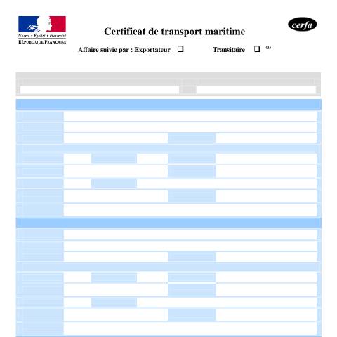 Aperçu du document Certificat de transport maritime (ou de service communautaire) — Professionnels, France (CERFA n°14934*02)