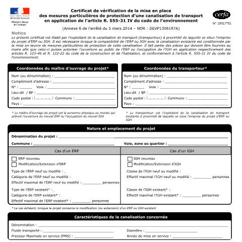Aperçu du document Certificat de vérification de la mise en place des mesures particulières de protection d'une canalisation de transport — Professionnels, France (CERFA n°15017*01)