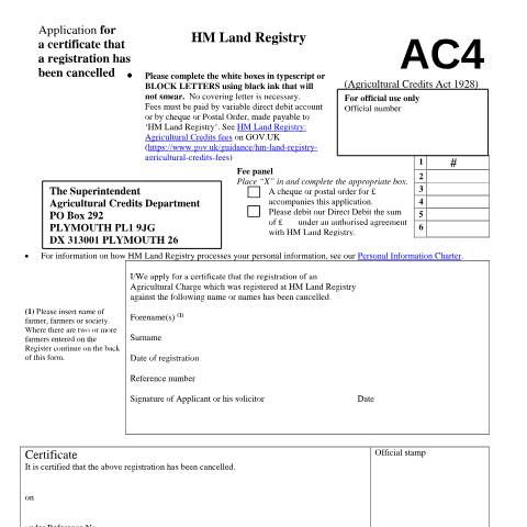 Document preview: Certificate of cancellation of a registration: application (AC4) — HM Land Registry, United Kingdom
