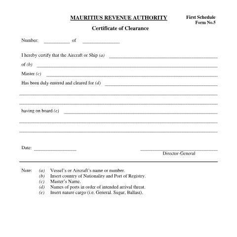 Document preview: Certificate of Clearance — Document, Mauritius (CERFA n°Form5CertificateofClearance)