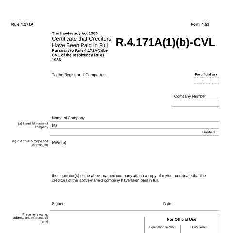 Document preview: Give notice by certificate that creditors paid in full (4.51) — Companies House, United Kingdom