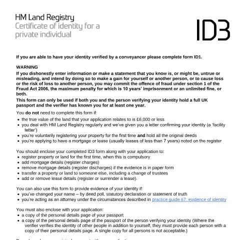 Document preview: Certificate of identity for a private individual (ID3) — HM Land Registry, United Kingdom