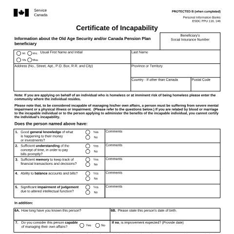 Document preview: Certificate of Incapability-OAS/CPP — Income Security Programs, Canada (CERFA n°ISP3505OAS)