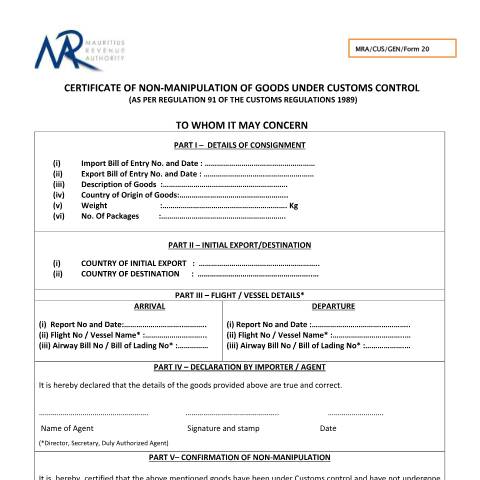 Document preview: Certificate of non-manipulation of goods under customs control — Document, Mauritius (CERFA n°MRACUS-GEN-Form20)