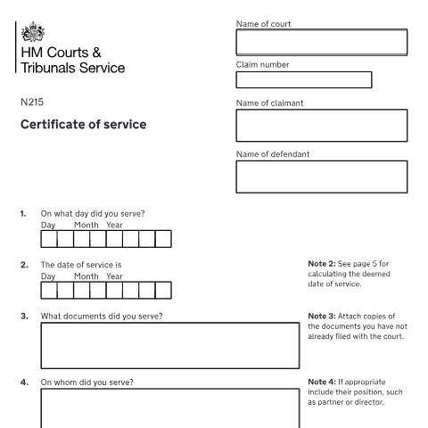 Document preview: Certificate of service in civil cases: Form N215 — HM Courts & Tribunals Service, United Kingdom