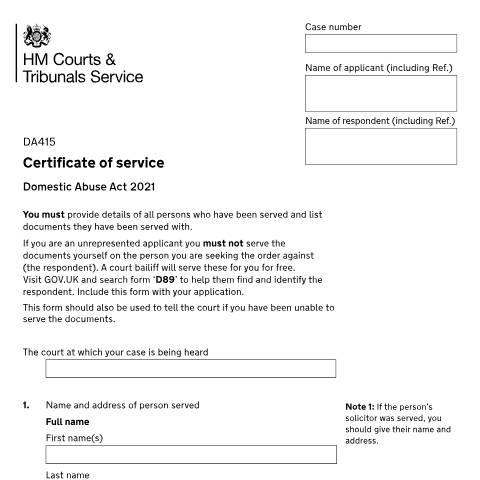 Document preview: Certificate of service for domestic abuse protection orders in a family court: Form DA415 — HM Courts & Tribunals Service, United Kingdom