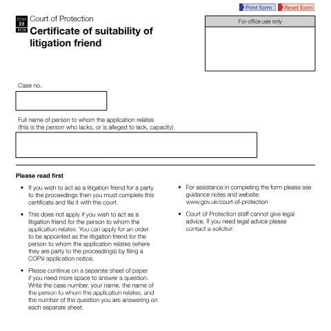 Document preview: Form COP22: Certificate of Suitability of Litigation Friend — HM Courts & Tribunals Service, United Kingdom