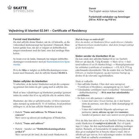 Document preview: Certificate of Residency / Certificat de Residence / Certificado de Residencia 02.041 — Vejledning/Instruction — 02 Tax: certificates, Danmark (CERFA n°02.041)