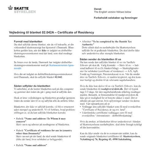Document preview: Certificate of Residency / Certificat de Residence / Certificado de Residencia 02.042 A — Vejledning/Instruction — 02 Tax: certificates, Danmark (CERFA n°02.042A)