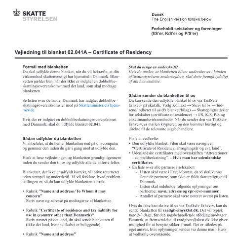 Document preview: Certificate of Residency / Certificat de Residence / Certificado de Residencia 02.041 A — Vejledning/Instruction — 02 Tax: certificates, Danmark (CERFA n°02.041A)