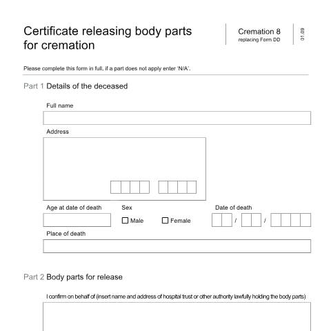 Document preview: Certify the release of body parts for cremation — Ministry of Justice, United Kingdom