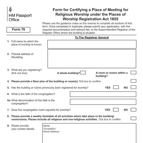 Document preview: Certifying a place of meeting for religious worship: form 76 — HM Passport Office, United Kingdom