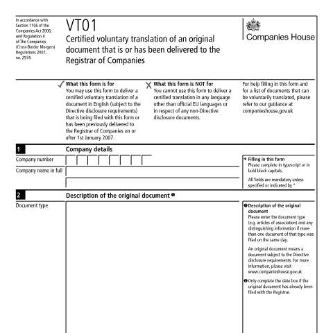 Document preview: Certify voluntary translation of an original document (VT01) — Companies House, United Kingdom