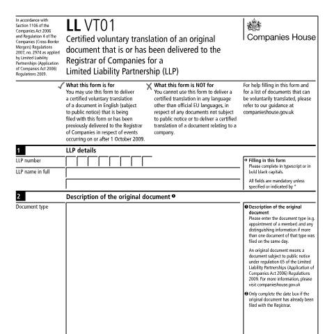 Document preview: Certify voluntary translation of original document for a limited liability partnership (LL VT01) — Companies House, United Kingdom