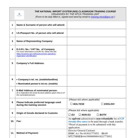 Document preview: CES Training — national-import-system---classroom-based-application-form.pdf — income_tax, Malta (CERFA n°national-import-system---classroom-based-application-form)