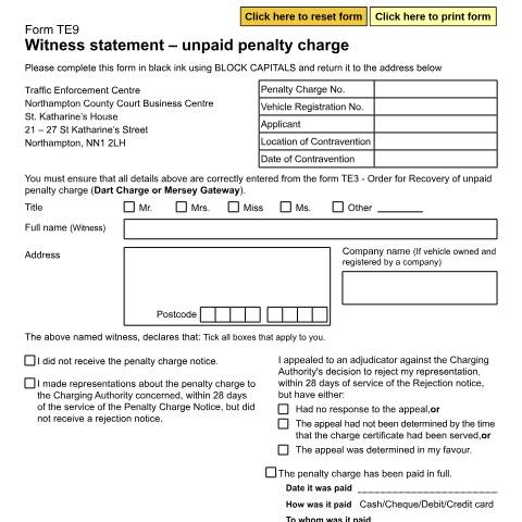 Document preview: Dart Charge, Mersey Gateway, clean air zones - Challenge a traffic enforcement order: Form TE9 — HM Courts & Tribunals Service, United Kingdom