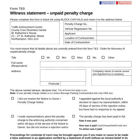 Document preview: Challenge a traffic enforcement order outside London boroughs or a parking charge in a London borough: Form TE9 — HM Courts & Tribunals Service, United Kingdom