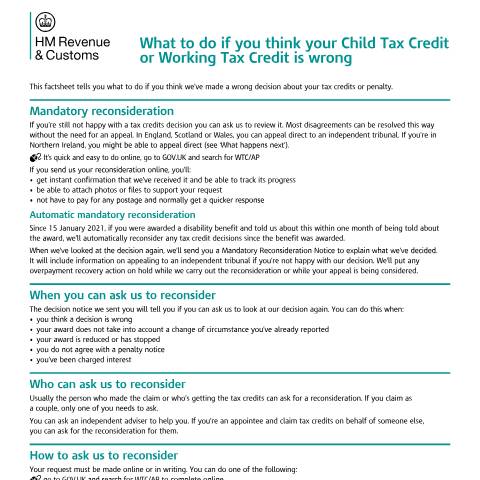 Document preview: Tax credits: if you think a decision is wrong (WTC/AP) — HM Revenue & Customs, United Kingdom