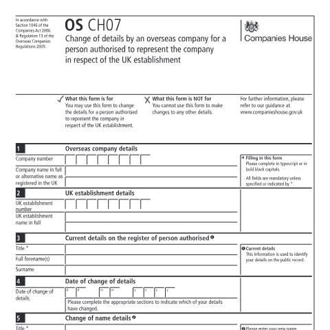 Document preview: Change details of person authorised to represent company in respect of a UK establishment (OS CH07) — Companies House, United Kingdom
