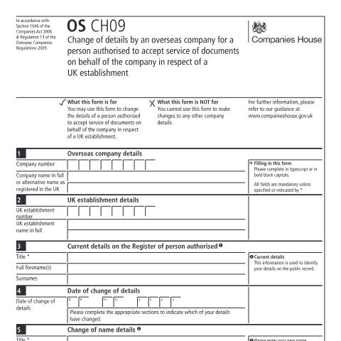 Document preview: Change details of a person authorised to accept service of documents in respect of a UK establishment (OS CH09) — Companies House, United Kingdom