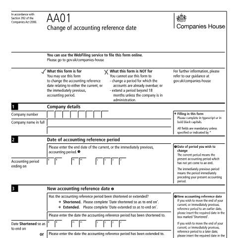 Document preview: Change your company accounting reference date (AA01) — Companies House, United Kingdom