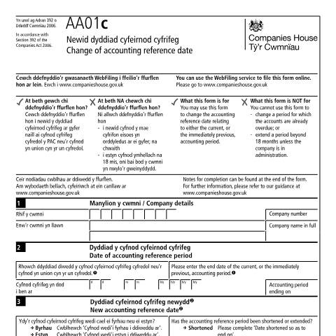 Document preview: Change your company accounting reference date (AA01c) — Companies House, United Kingdom