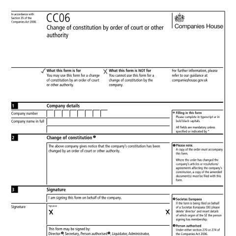 Document preview: Change of constitution by order of court or other authority (CC06) — Companies House, United Kingdom