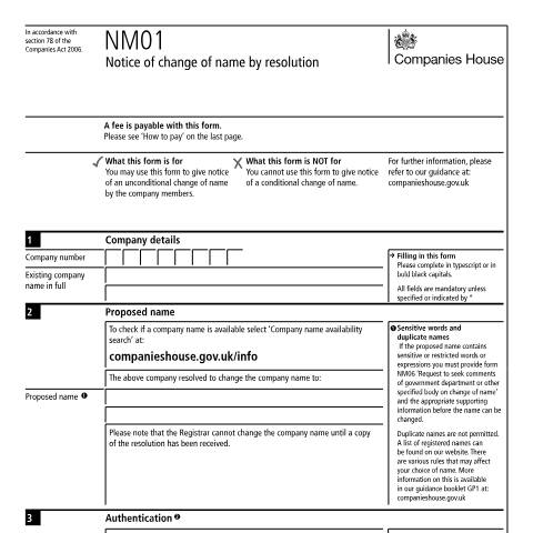 Document preview: Change a company name (NM01) — Companies House, United Kingdom