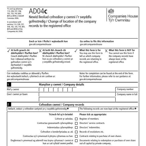 Document preview: Change location of company records to registered office (AD04c) — Companies House, United Kingdom