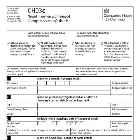 Document preview: Change the details of a secretary (CH03c) — Companies House, United Kingdom