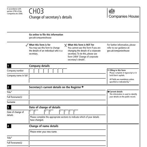 Document preview: Change the details of a secretary (CH03) — Companies House, United Kingdom