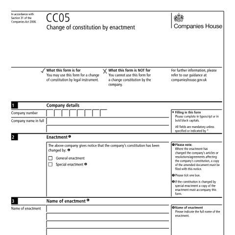 Document preview: Change constitution by enactment (CC05) — Companies House, United Kingdom