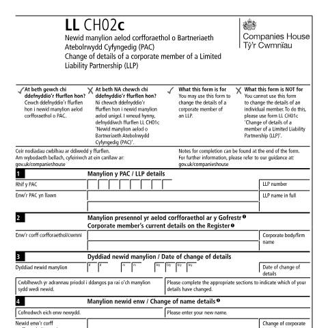 Document preview: Change details of a corporate member of a limited liability partnership (LL CH02c) — Companies House, United Kingdom