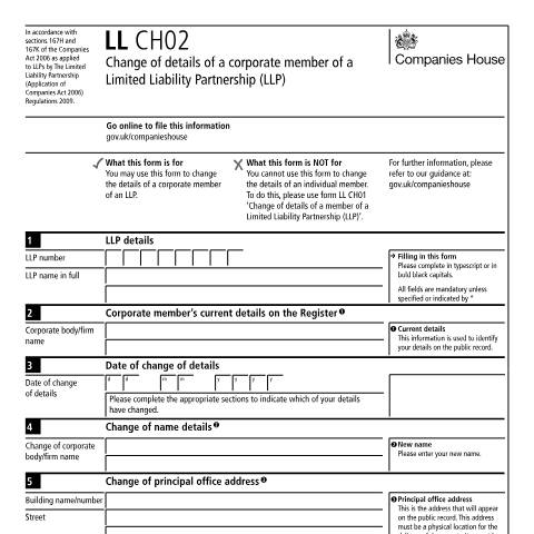 Document preview: Change details of a corporate member of a limited liability partnership (LL CH02) — Companies House, United Kingdom