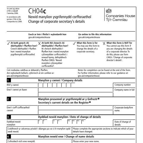 Document preview: Change the details of a corporate secretary (CH04c) — Companies House, United Kingdom