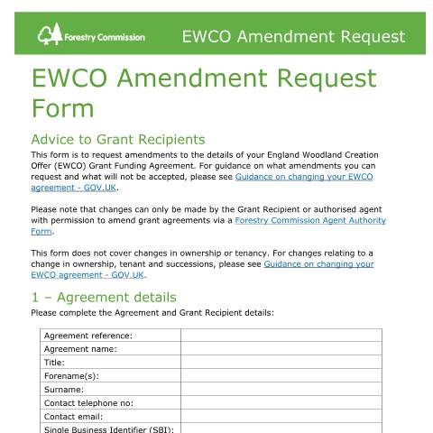 Document preview: Change your England Woodland Creation Offer agreement — Forestry Commission, United Kingdom