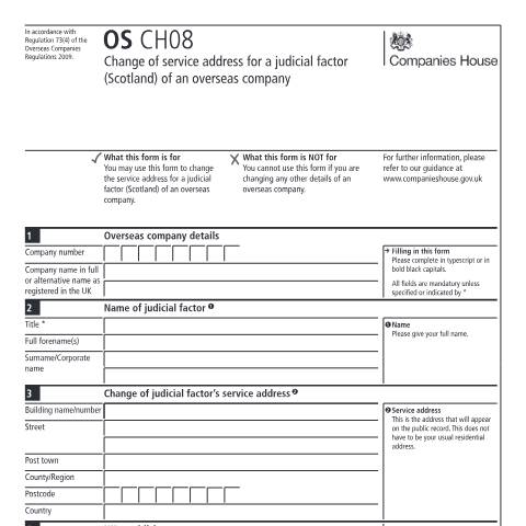 Document preview: Change the service address of a judicial factor for an overseas company in Scotland (OS CH08) — Companies House, United Kingdom