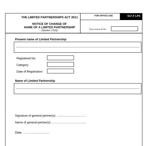 Document preview: NOTICE OF CHANGE OF NAME OF A LIMITED PARTNERSHIP_LP5 — Form, Mauritius (CERFA n°NOTICE-OF-CHANGE-OF-NAME-OF-A-LIMITED-PARTNERSHIP_LP5)