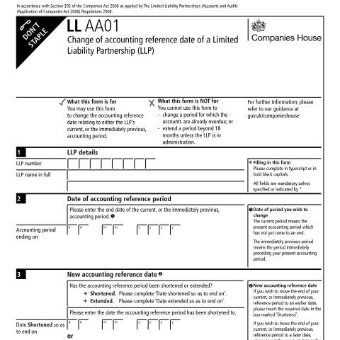 Document preview: Change your limited liability partnership accounting reference date (LL AA01) — Companies House, United Kingdom