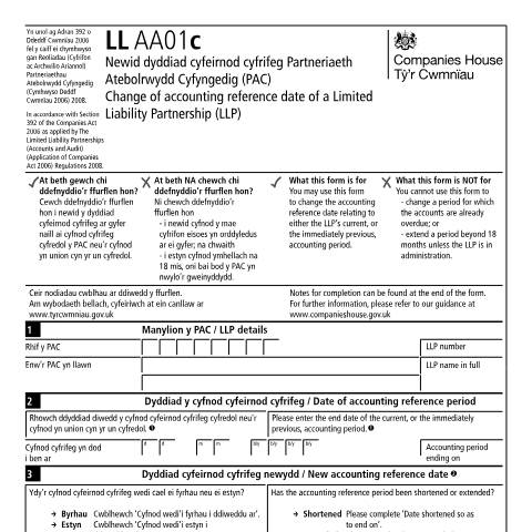 Document preview: Change your limited liability partnership accounting reference date (LL AA01c) — Companies House, United Kingdom