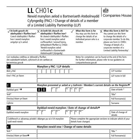Document preview: Change details of a member of a limited liability partnership (LL CH01c) — Companies House, United Kingdom